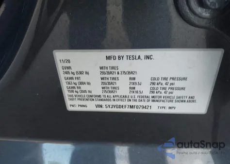 2021 Tesla Model Y Performance Dual Motor All-Wheel Drive z USA, uszkodzony, nr VIN 5YJYGDEF7MF079421